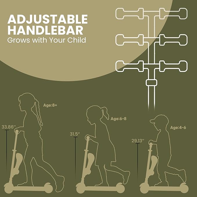 Army 3 Wheel Scooter with Seat for Kids – Light-Up LED Wheels, Adjustable Handlebar and Seat, Smooth PU Wheels, Wide Anti-Slip Deck, Rear Foot Brake – Toddler Outdoor Toys for Ages 2+