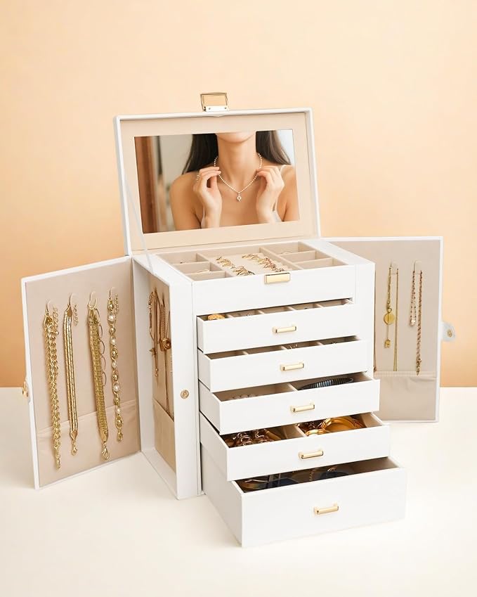 BOOVO Jewelry Box For women, 6 Layer Large Jewelry Organizer With Mirror, Multi-Function Storage Box With Lock, Necklace Holder With 5 Drawers, For Earrings Necklace Bracelet (White and Gold)