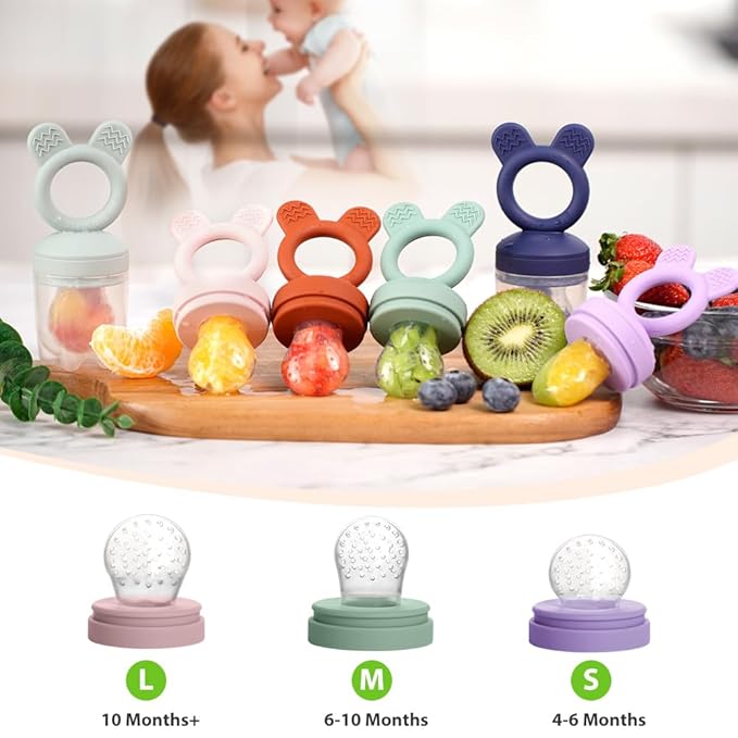 Bessentials Baby Fresh Fruit Food Feeder - 2 Pack Silicone Baby Mesh Feeders for Infant Safe Self Feeding |3 Sizes Food Pouches Included| Suitable for Baby 4m+（ Purple+Misty Green）