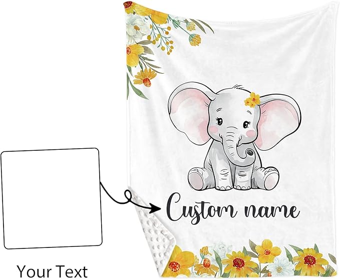 Custom Name Crib Bedding Set - Elephant Pattern, Personalized Yellow Floral Nursery Bedding 3-Piece Set– Soft Blanket, Fitted Sheet, Changing Pad Cover – for Newborns Girls Nursery Gifts