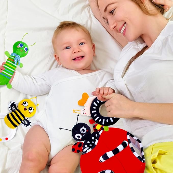 Baby Rattle Toys, Infant Soft Stuffed Animal Rattles Set - Sensory Development Toys, Baby Toys Stuffed Animals Soft Crinkle Sensory Handbells Baby Rattles, Soft Busy Toys for Toddlers Boys Girls