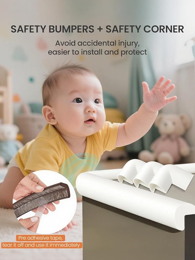 Baby Proof Edge Corner Protector, 16.4FT 0.47''Th L-Shape Furniture Corner & Edge Safety Bumpers with 10 Corners, Pre-Taped, Soft NBR Rubber Foam Desk Edge Cushion Wall Corner Protector (White)