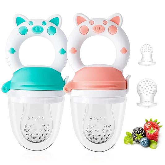 Baby Solids/Frozen Fruit Feeder Pacifier, Infant Teether Toy 4M+, BPA-Free Silicone Pouch & Nipple, Safely Introduce Solids, Teething Relief, 2-Pack (Piglet - Mint Green Pink, S/M/L)