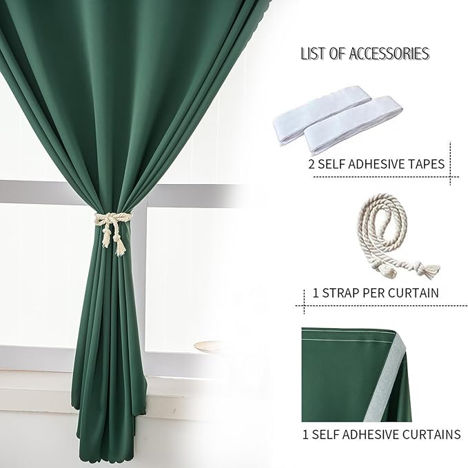 Blackout Curtains for Bedroom Stick On Curtains Window Shades Pull Down Blackout Window Cover No Drillng Self Adhesive Curtains No Rod Small Curtain, 59" W X 84" L, Dark Green, 1 Panel