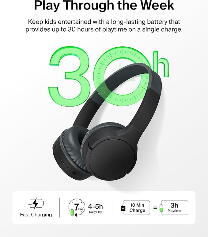 Belkin SoundForm Mini Kids Wireless Headphones w/Built-in Microphone, 30H of Playback Time, & Fun Stickers - Over-Ear Headsets for Online Learning, School, Travel, iPhone, iPad, Galaxy & More - Black