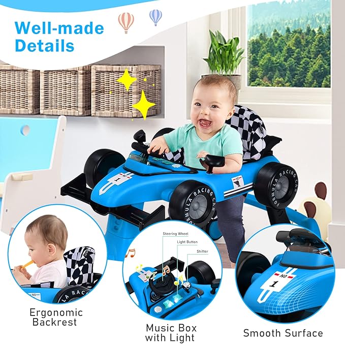 BABY JOY 4-in-1 Baby Walker, Foldable Activity Walker with Adjustable Height & Speed, Music, Lights, Anti-Rollover, Toddler Push Walker, Baby Walker with Wheels for Boys Girls 6-18 Months (Blue)