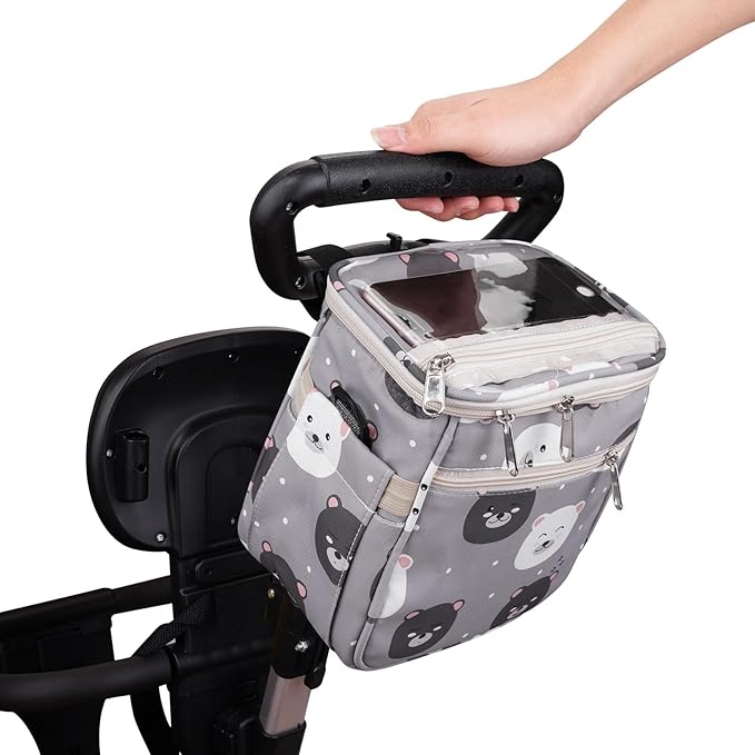 Baby Stroller Organizer Bag，Small Diaper Bag - Universal Stroller Organizer With Insulated Cup Holder,Pocket With Baby Wipes Dispenser，Adjustable Shoulder Strap (Light Gray)