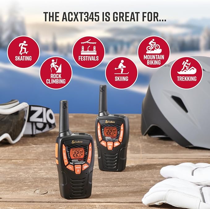 Cobra ACXT345 Weather-Resistant Walkie Talkies & Compatible Cobra Surveillance Headset - Rechargeable, 22 Channels, Long-Range, 2 Two-Way Radios, 2 Headsets, Black/Orange