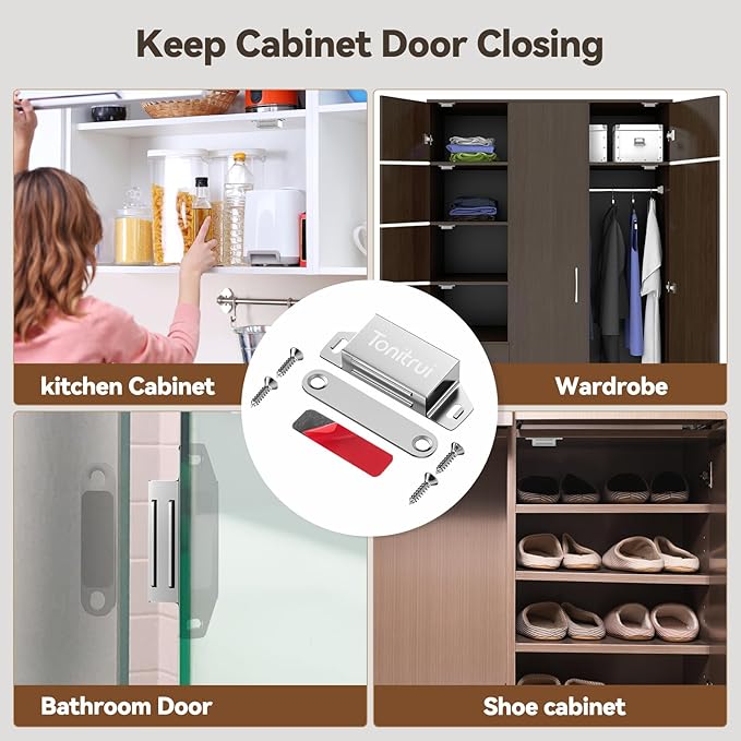Cabinet Door Magnet, Flat Bottom Cabinet Magnetic Catch with Adhesive, Easy to Install,Only Takes 1 Minute,35lb Magnetic Cabinet Door Drawer Latch(Sliver, 12Pack)