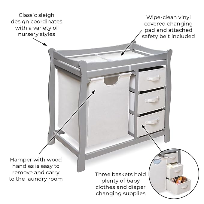 Badger Basket Sleigh-Style Baby Changing Table - Diaper Changing Station with 3 Storage Baskets - Nursery Organizer with Hamper, Changing Pad, Safety Rails - Gray