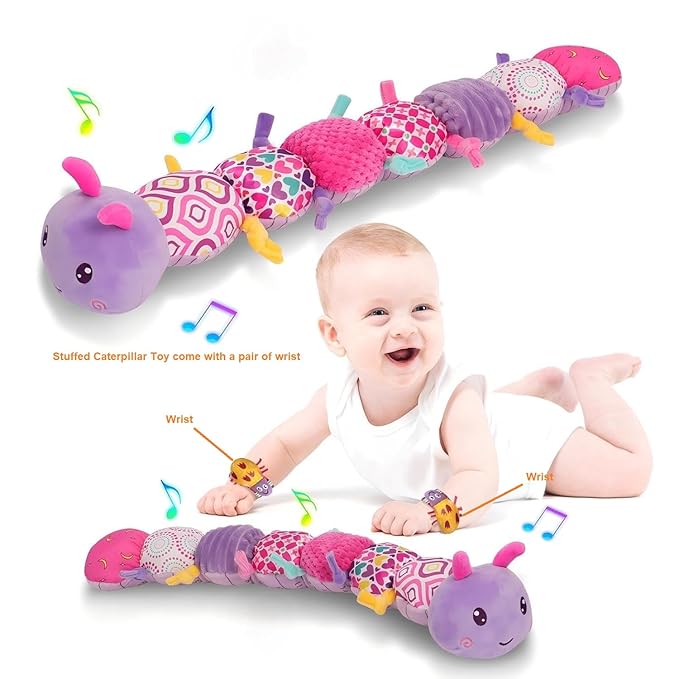 Baby Girls Toys 0-6 Month Baby Stuffed Animal Toys for 0-6 6-12 Months & A Pair of Wrist | Baby Musical Caterpillar Tummy Time Toy | Newborn Infant Sensory Toy for 1 2 Years Old Boys Girls.