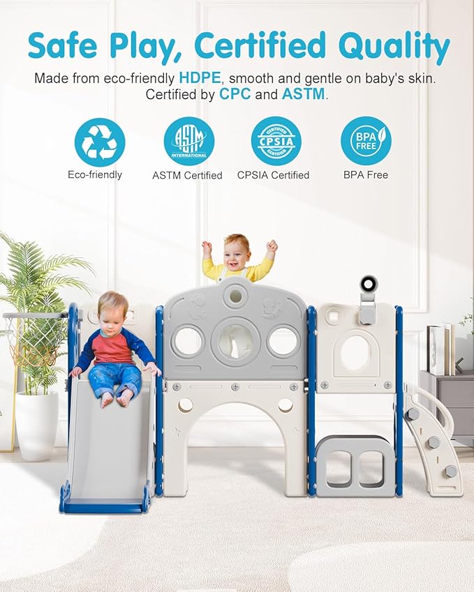 Babytronic Toddler Slide Set, 8 in 1 Kids Slide, Indoor Outdoor Slide for Toddlers Age 1-3, Toddler Playset with Basketball Hoop and Tunnel, Toddler Indoor Outdoor Playground, Blue&Grey