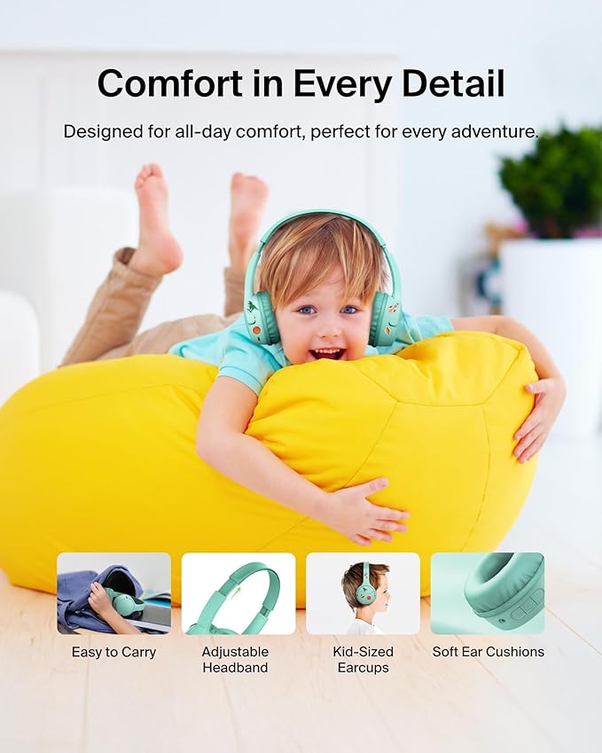 Belkin SoundForm Mini - Wireless Bluetooth Headphones for Kids with 30H Battery Life, 85dB Safe Volume Limit, Built-in Microphone - Kids On-Ear Earphones for iPhone, iPad, & More - Mint w/Case