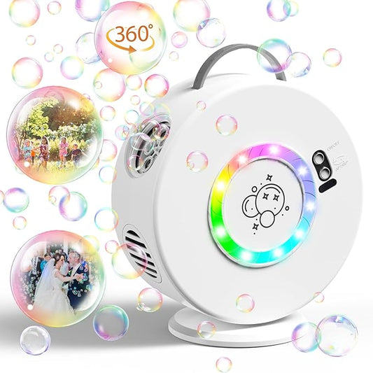 Bubble Machine Automatic LED Lights Bubble Blower for Kids Rechargeable Portable Bubble Maker Auto Rotating 90°/360° Outdoor Birthday Party Wedding (Led White)