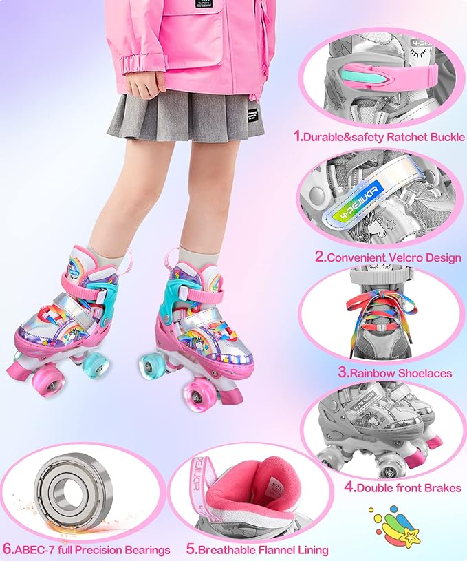 4-Pejiijar Rainbow Unicorn Kids Roller Skates for Girls Toddler Ages 2-4 5-8 8-12,Adjustable Roller Shoes with Luminous Wheels for Birthday Xmas Gifts