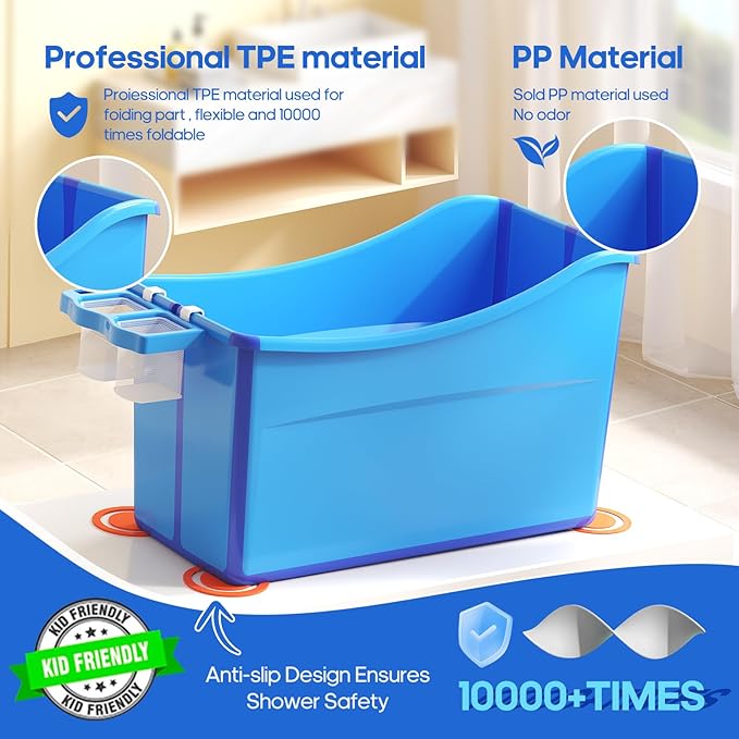 Collapsible Baby Bathtub Foldable Bathtub for Toddler Portable Large Foldable Bath Tub Bathtub for Kids Petite with Thermometer and Storage Basket (Blue)