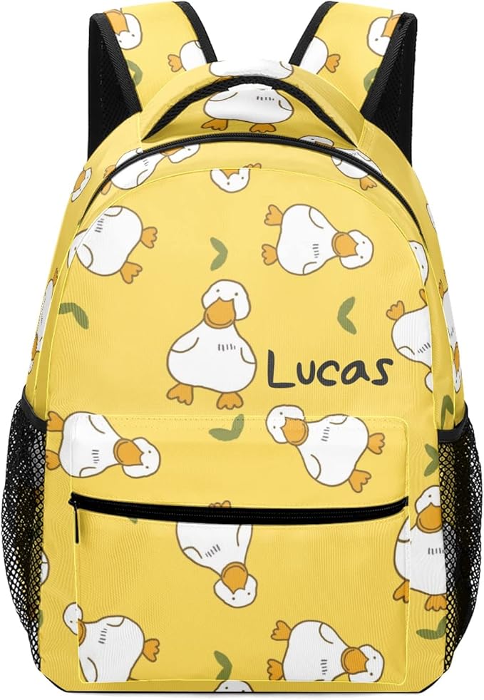 Cartoon Duck Yellow Custom Kids Backpack 16.5 Inch for Boy Girl, Personalized Waterproof Child School Travel Bag with Name, 16.5’’ X 12.2’’ X 5.9’’