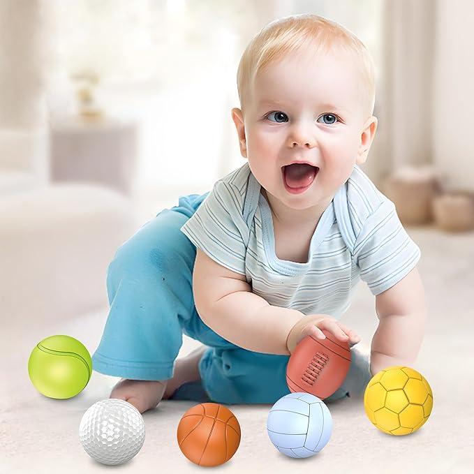 Baby Sensory Balls, Soft Rubber Balls for Toddlers 1-3, Montessori Sensory Bath Toys 6 to 12 Months, Kids Soccer Ball, Sport & Outdoors Baby Ball, 6 Rubber Soft Toys for Kids