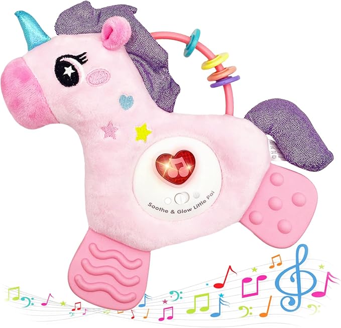 Baby Musical Activity Soft Toys with Sound & Light, Sensory Toys for Infant Developmental with Teether, Rattle and Textures, Soft Plush Toy for Newborn Gift 6 to 12 Months (Pink Unicorn)