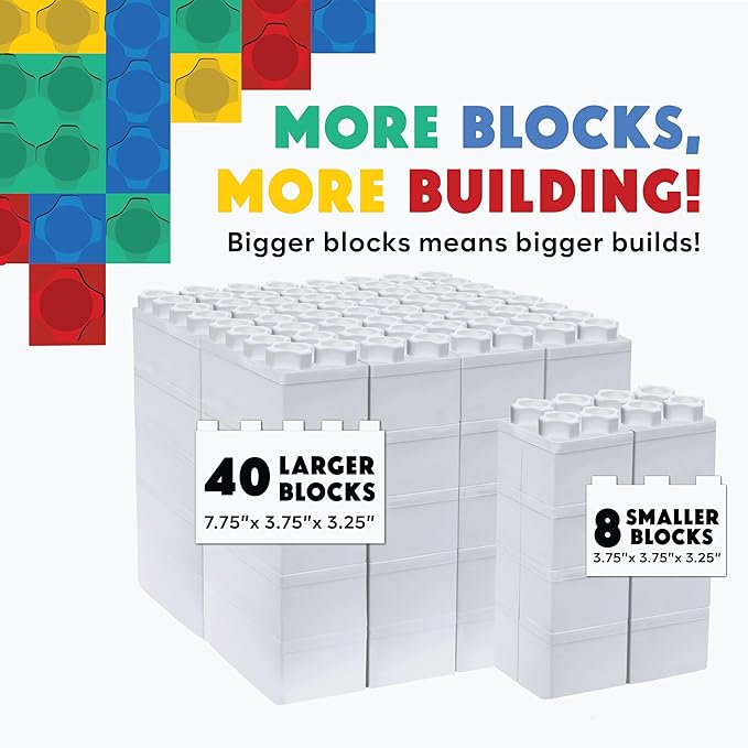 Big Blocks for Kids Ages 4-8 — Indoor & Outdoor Blocks Kids Games — White Large Building Blocks - 48 pc