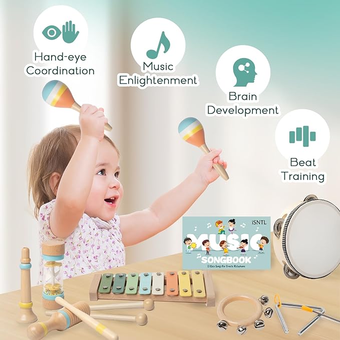 Baby Musical Instruments - Wooden Montessori Toys for Toddlers 1-3,Modern Boho Xylophone Includes Songbook with 13 Kids' Songs,Neutral Colors Wooden Percussion Instruments Set