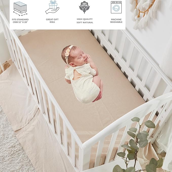 Brandream Baby Crib Bedding Sets for Girls Boys Gender Neutral Boho Bohemian Farmhouse Chic Classic Quilted Plaid 6-Piece Nursery Bedding Set - 100% Washed Cotton Beige