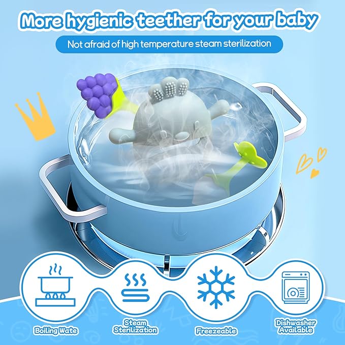 Baby Teething Toys(5 Pack) - Tinabless Infant Teething Keys&Silicone Teething Mitten for Babies Over 3 Months, BPA-Free, Natural Organic Freezer Safe for Infants and Toddlers(Blue)