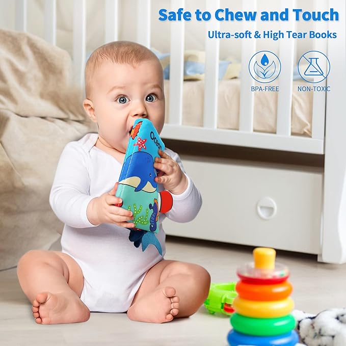 BARMACO Baby Soft Touch and Feel Crinkle Cloth Books for Infants & Toddlers, Learning Toys, Early Development Interactive Sensory Toys, Ocean Animal Tails, Gifts for Boys & Girls