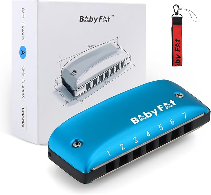 BabyFat 7 Hole Blues Mini Harmonica Set,Diatonic Harmonica with free lanyards,Gifts for Kids and Beginners,Easy-playing Musical Instrument(A Key）
