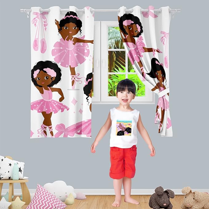 Black Girl Blackout Curtains 2 Panels 63" Inch Drapes for Kids Nursery Bedroom Kids Blackout Curtains Cute Girls Themed Grommet Top Thermal Insulated Curtains for Nursery, 82" x 63"