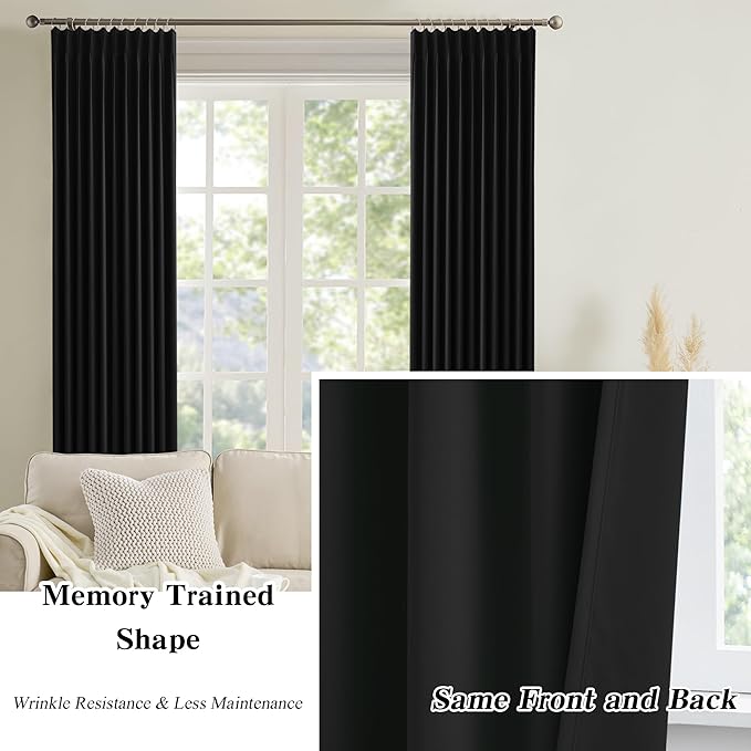 Black Blackout Curtains 132 Inches Long for Living Room Patio Door 2 Panels Set Room Darkening Pinch Pleated Extra Long Polyester Pinched Curtains Thermal Insulated Drapes 11 Ft Tall 40 Wide