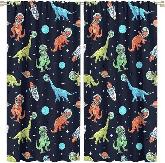 Cartoon Dinosaur Curtains for Kids Boys Girls Home Decor, Astronaut Rocket Funny Outer Space Blackout Rod Pocket Window Drapes for Bedroom Living Room W21xL45in 2 Panels