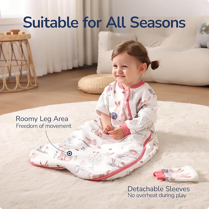 Baby Sleep Sack 6-12 Months, Cotton Detachable Long Sleeve Sleep Sack, 2.5 Tog Toddler Sleeping Sack with Temperature Strips, 2-Way Zipper Wearable Blankets for Newborns, Bunny
