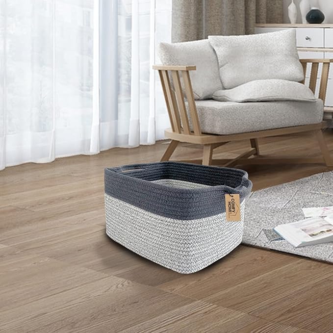 COMFY-HOMI Cotton Rope Woven Basket with Handles for Shelves,Toys,Book, Cloth Storage Baskets Bin for Organizing-13.5"x11"x9.5" Toy Decorative Organizer for Living Room, Bathroom-Light Grey