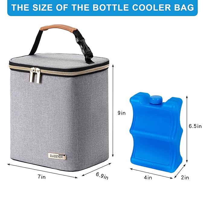 Breast Milk Cooler Bag with Ice Pack Fits 4 Baby Bottles Up to 9 Ounce, Baby Bottle Bag for Nursing Mom Daycare, Grey