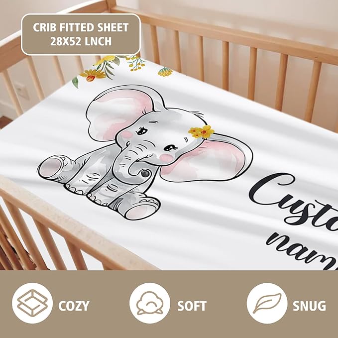 Custom Name Crib Bedding Set - Elephant Pattern, Personalized Yellow Floral Nursery Bedding 3-Piece Set– Soft Blanket, Fitted Sheet, Changing Pad Cover – for Newborns Girls Nursery Gifts