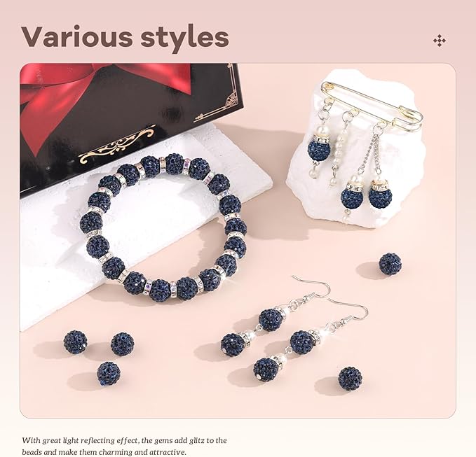 160pcs 10mm Rhinestone Beads for Jewelry Making, Blue Black Shiny Round Disco Ball Beads Bulk, Sparkle Crystal Clay Christmas for Bracelet Baseball Necklace Earring Crafting and DIY