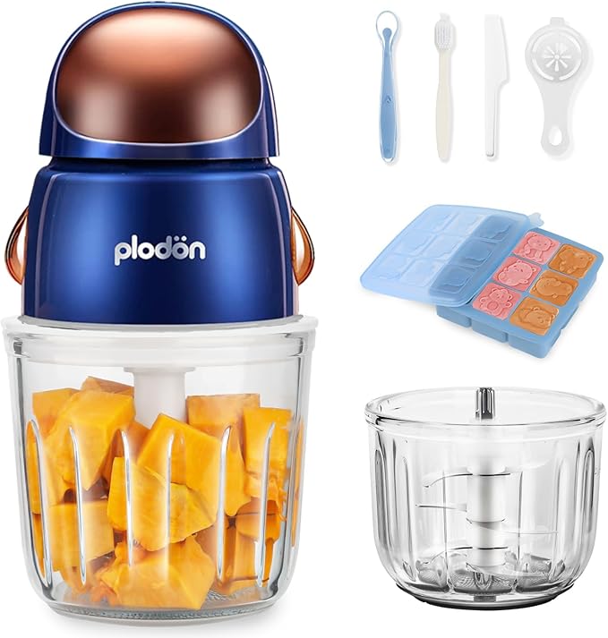 Baby Food Maker Mini Cute and Small Food Processor Puree Blender Grinder Chopper with 2 Glass Bowls(0.6L+0.3L) 8 Blades Electric (Without Battery) -2 Bowls
