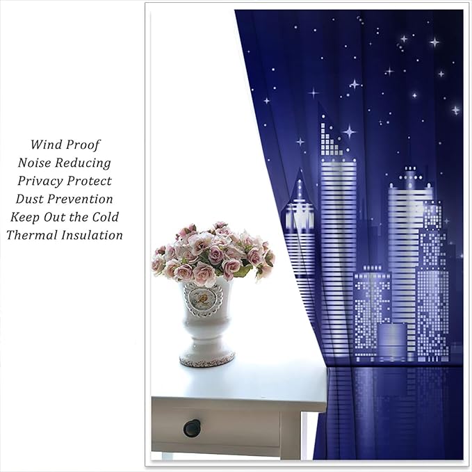 City Rod Pocket Blackout Curtains for Boy Girl Bedroom, New York Skyline Modern City Starry Sky Night View Thermal Insulated Home Window Drapes for Living Room Darkening, 72x63 inch