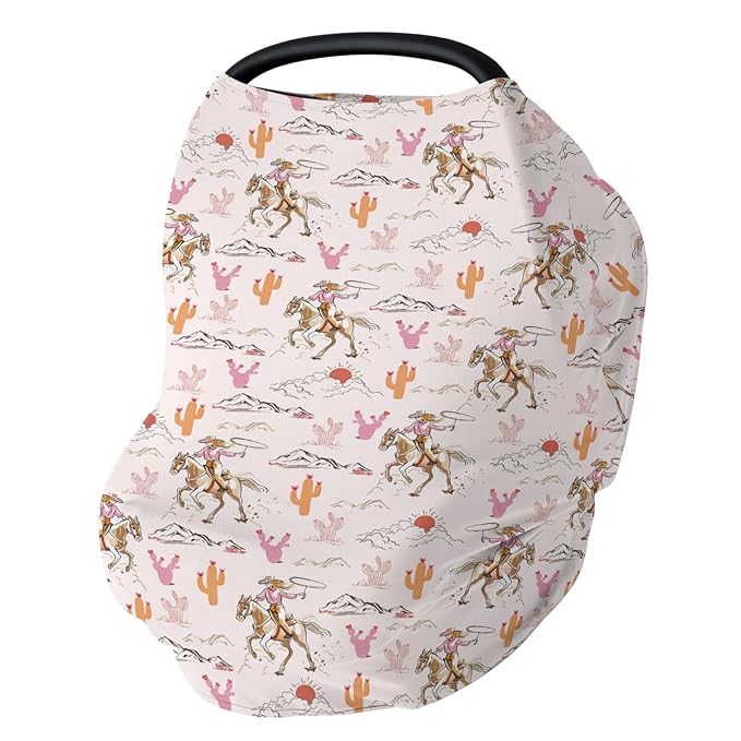 Cute Pink Cowgirl Car Seat Cover for Baby Western Cowgirls Horse Cactus Mountain Sunset Stretchy 5-in-1 Covers Adjustable Infant Carseat Canopy Cover Wild West Desert Breathable Nursing Cover-Up