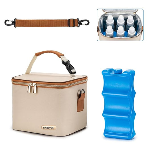 Breastmilk Cooler Bag with Ice Pack Fits 6 Baby Bottles Up to 5 Ounce, Baby Bottle Bag with Shoulder Strap for Nursing Mom Daycare, Cream