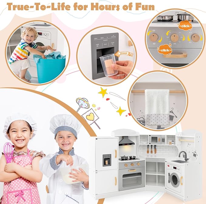 Costzon Corner Kids Kitchen Playset, Wooden Play Kitchen with Sounds & Lights, Washing Machine, Range Hood, Ice Maker, Microwave, Oven, Sink, Pretend Toy Kitchen Set for Toddler, Gift for Boys Girls
