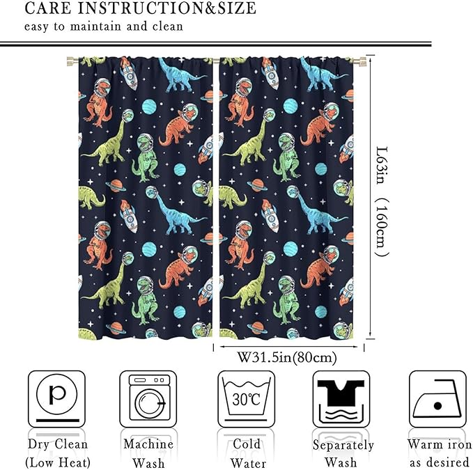 Cartoon Dinosaur Curtains for Kids Boys Girls Home Decor, Astronaut Rocket Funny Outer Space Blackout Rod Pocket Window Drapes for Bedroom Living Room W31.5xL63in 2 Panels