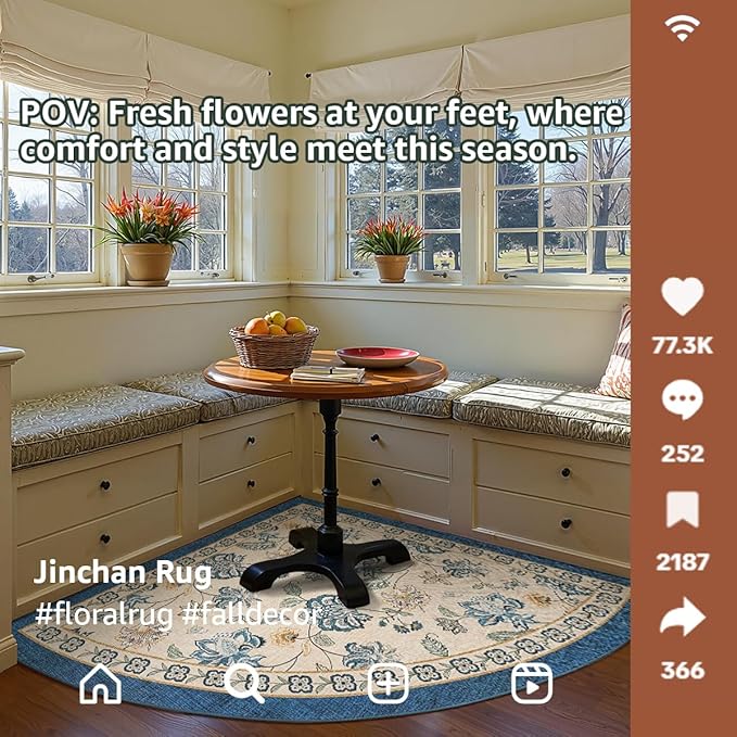 jinchan Floral Corner Rug for Living Room Washable Bedroom Rug Vintage Romance Design Non Slip Quarter Circle Lightweight Low-Pile Throw Carpet for Reading Nook Playroom,6ft Radius, Blue/Beige