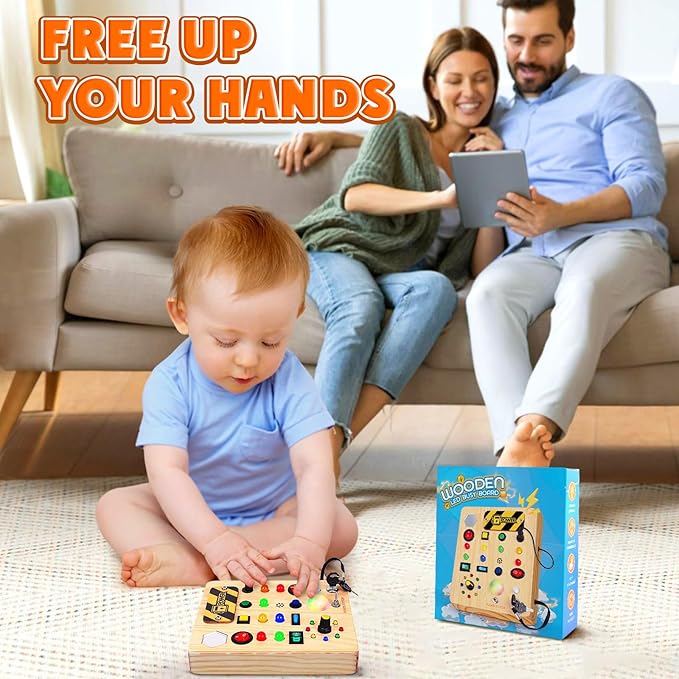 Busy Board with LED Light, Wooden Sensory Toys for Toddler, Montessori Music Toy for Airplane, Travel Activity Educational Learning Autism Toys, Birthday Boys Girls Gifts