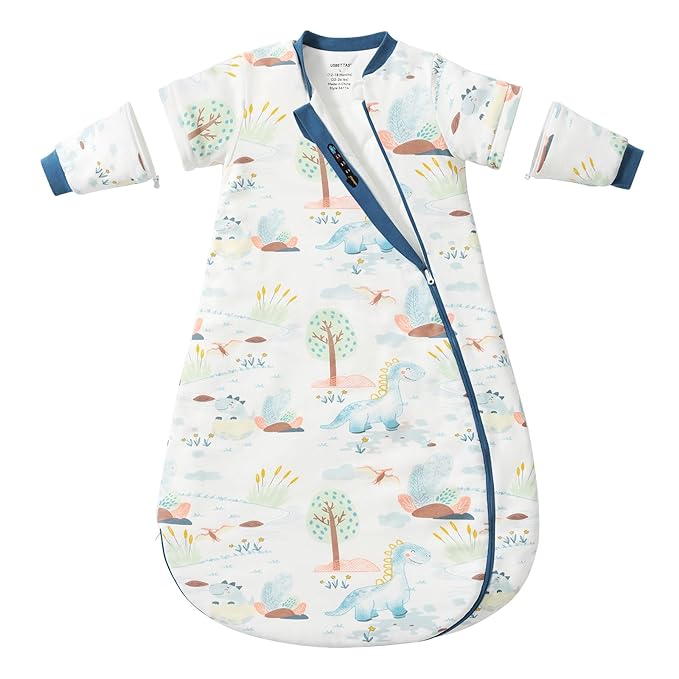 Baby Sleep Sack 12-18 Months, Cotton Detachable Long Sleeve Sleep Sack, 1.0 Tog Toddler Sleeping Sack with Temperature Strips, 2-Way Zipper Wearable Blankets for Newborns, Dinosaur