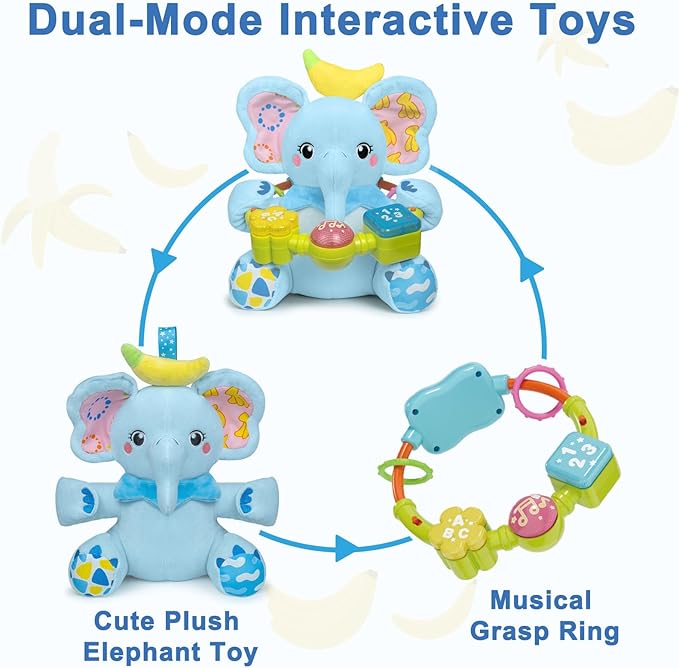 Baby Elephant Musical Stuffed Animals Toy with Light-Up Music & Crinkle,Infant Bilingual Early Learning Education Toys,1st Easter Basket Shower Stuffers for 0-3-6-12+ Months Boy Girl Gifts,Blue