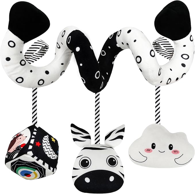 Car Seat Toys for Babies 0-6 Months,Hanging Rattle Toys for Crib Mobile, Baby Spiral Hanging Stroller Black and White High Contrast Toys for Newborn 0 3 6 9 12 Months Baby Boys Girls (Zebra)