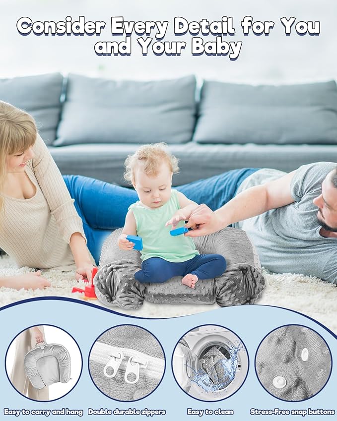 Baby Lounger Pillow : 3-in-1 Infant Lounger for Newborn 0-24 Months, Portable Tummy Time Mat for Home and Travel, Breathable & Soft Baby Seat for Baby, Babies Essentials Gifts, Grey