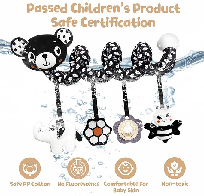 Car Seat Toys for Babies 0-6 Months,Hanging Rattle Toys for Crib Mobile, Baby Spiral Hanging Stroller Black and White High Contrast Toys for Newborn 0 3 6 9 12 Months Baby Boys Girls (Bear)